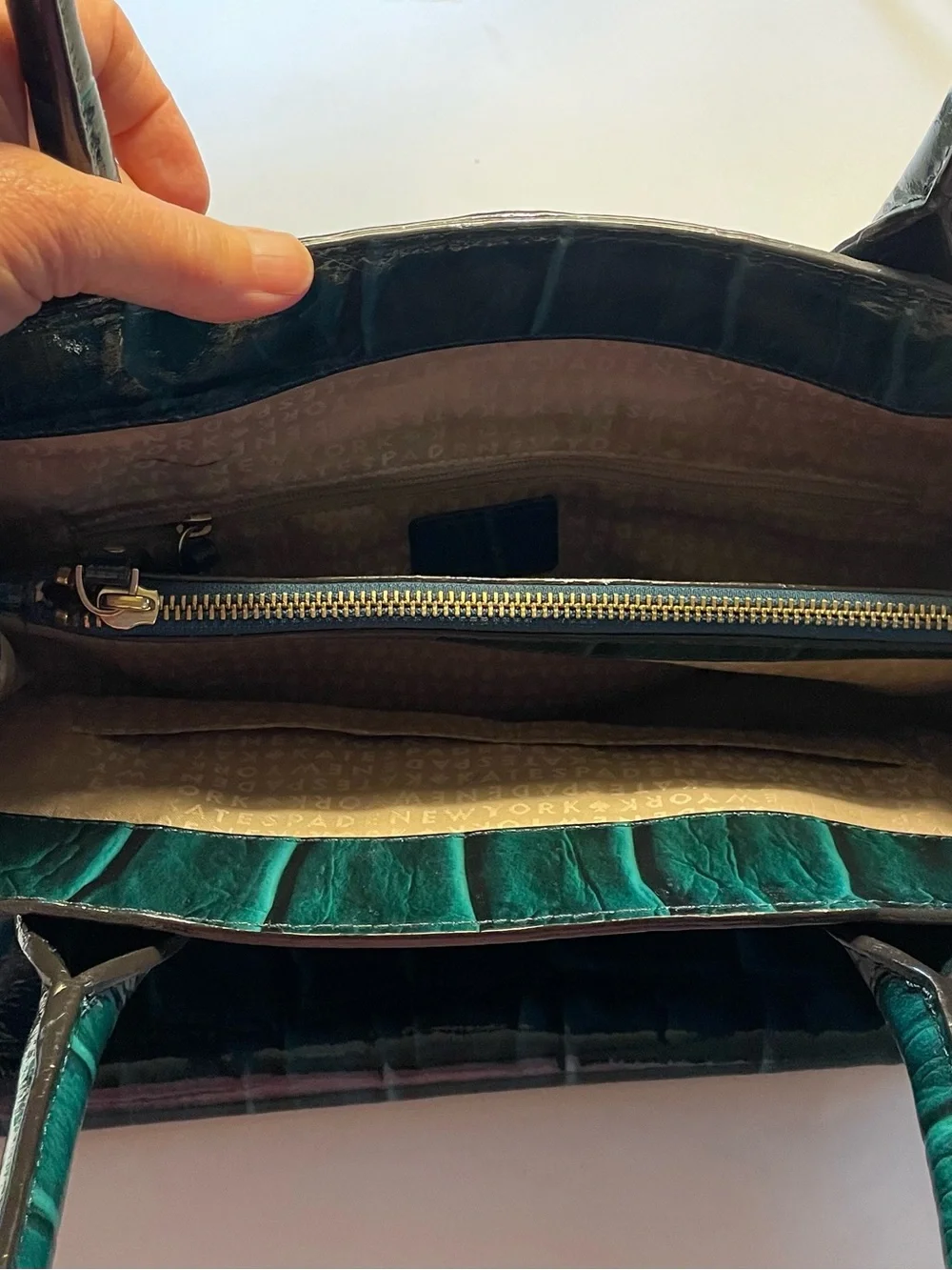 Kate Spade New York Elena Knightsbridge Dark Teal Croc Patent Tote Bag with Bow